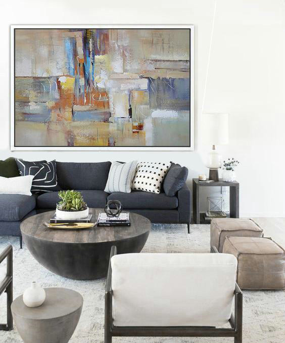 Huge Abstract Painting On Canvas,Oversized Horizontal Contemporary Art,Original Art Acrylic Painting,Grey,White,Earthy Yellow.etc - Click Image to Close